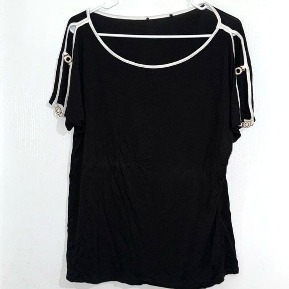 Black Short Sleeve Top With White Trim & Grommet Details